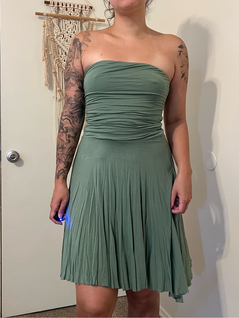 Strapless Ruched Bodice A-Line Dress in Sage Green
